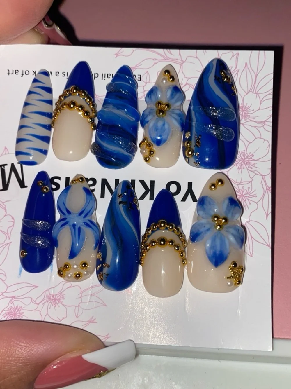 Medium size handmade Blue Floral & Gold Accent Press-On Nail Set - Women Makeup